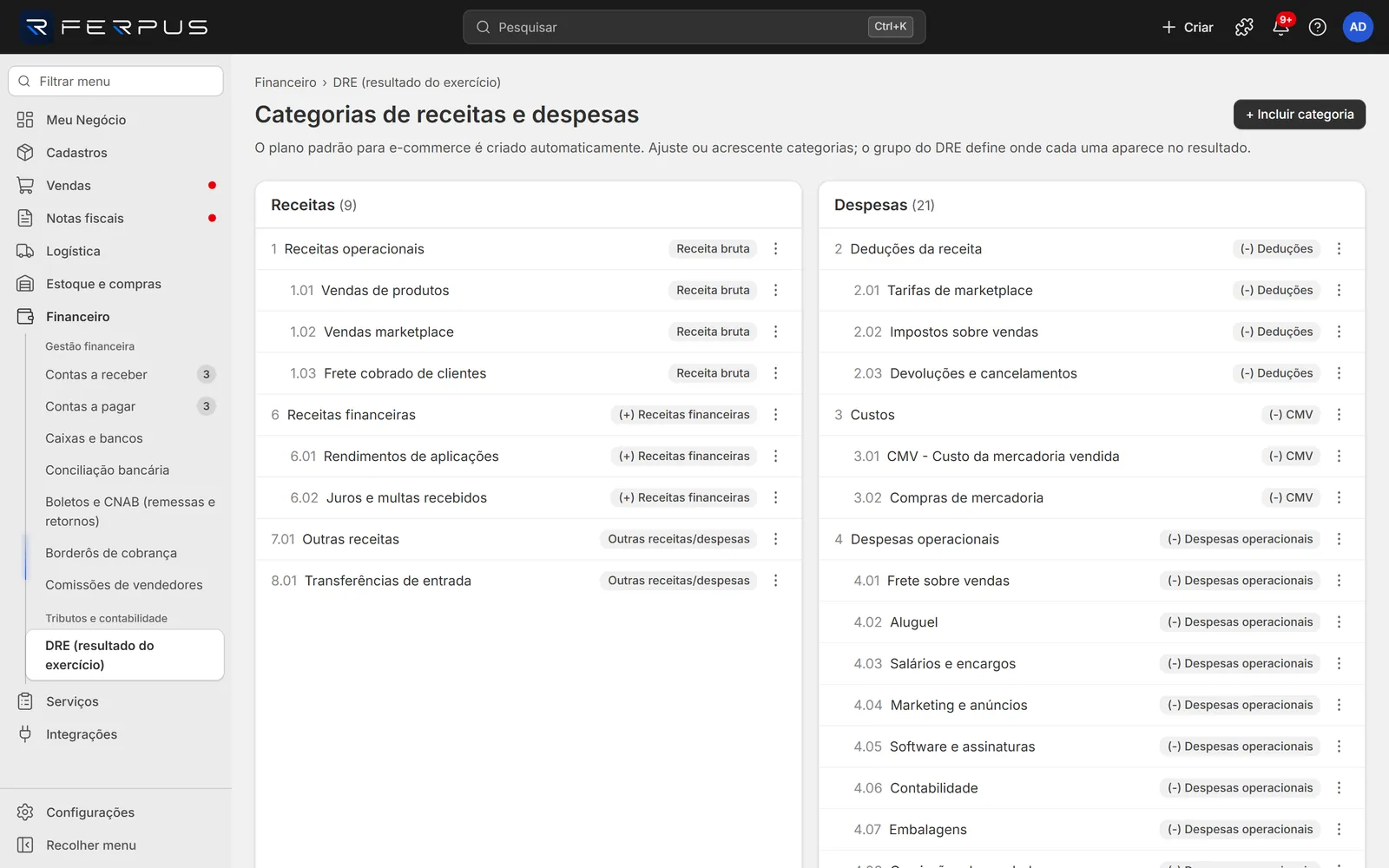 Categorias de receitas e despesas em duas colunas, com o grupo do DRE em cada linha