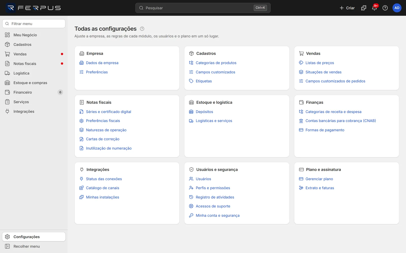 Tela Todas as configurações com os quadros de cada assunto