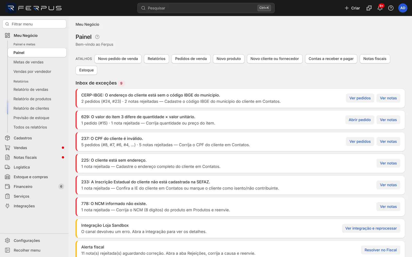 Painel do Ferpus com barra superior, menu lateral e área de trabalho