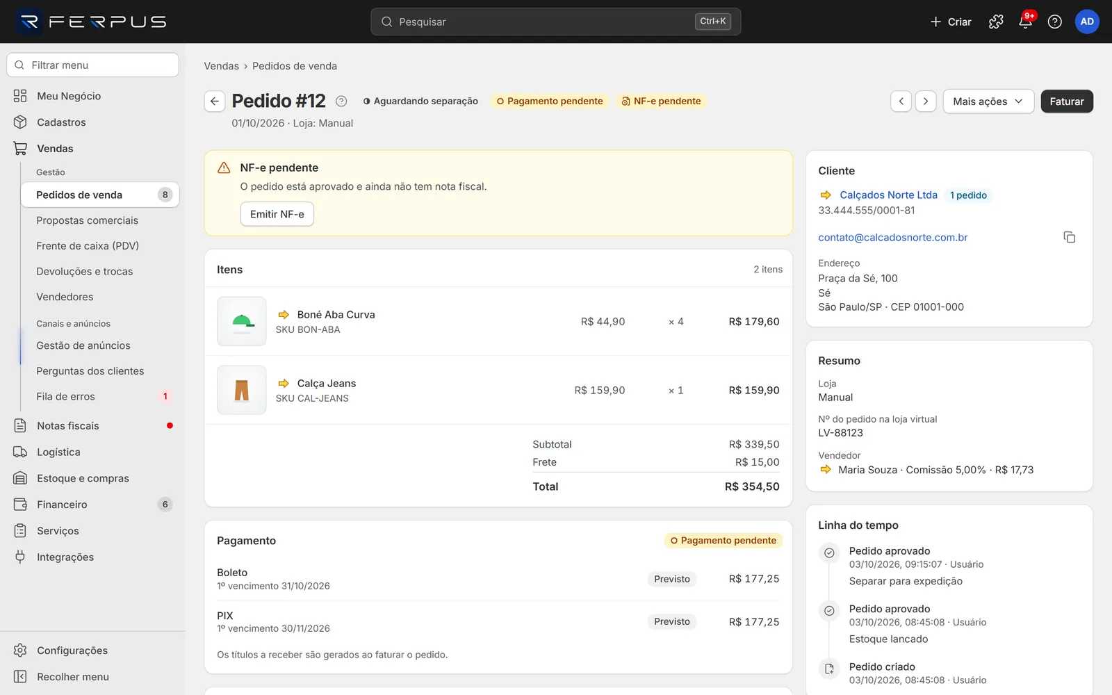 Pedido em andamento com o aviso NF-e pendente
